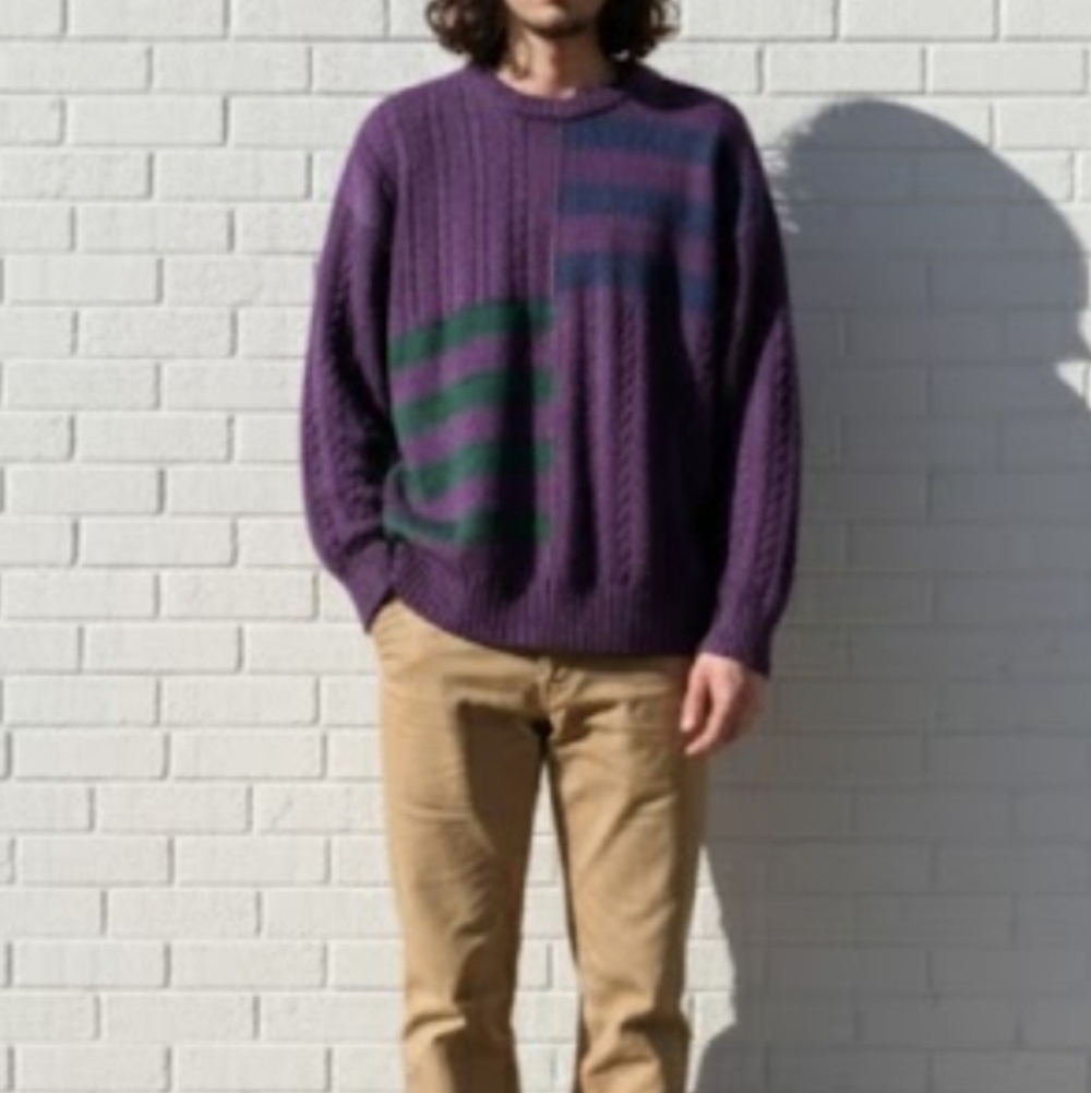 Vintage 90s Purple Knit Bright Abstract Crew Grandpa Sweater Cotton Size Large